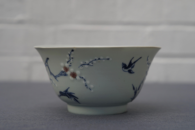 A Chinese blue, white and red on celadon ground 'prunus' bowl, Kangxi